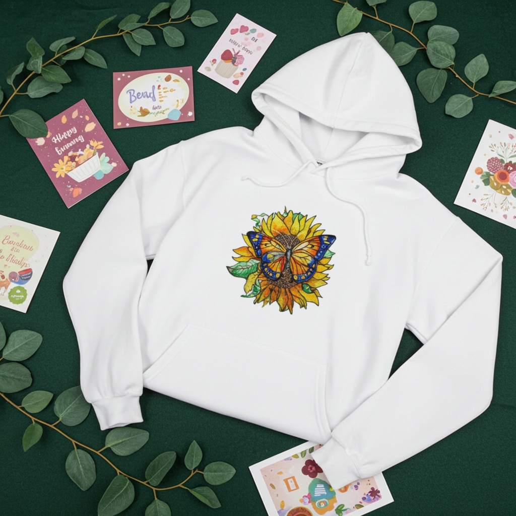 White premium hoodie with Sun-Kissed Butterfly & Sunflower embroidery featuring a blue and orange butterfly on a golden sunflower with green leaves, flat lay on a dark green background with eucalyptus leaves and greeting cards, original EmbroMania artwork.