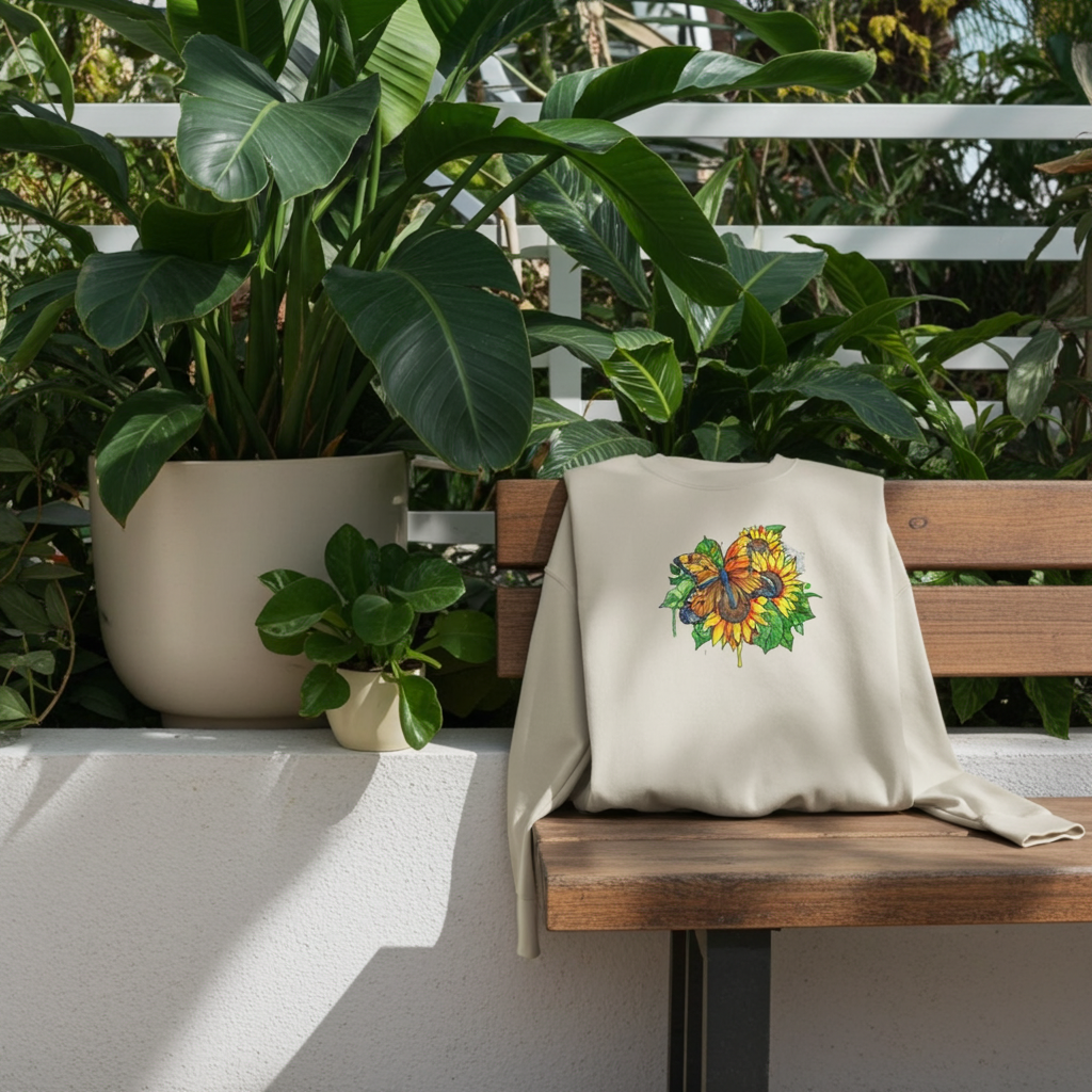 Mint green unisex crewneck sweatshirt with sunflower and butterfly embroidery design, styled on wooden chair outdoors with green plants and pink flowers.