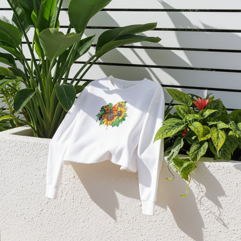 White unisex crewneck sweatshirt with sunflower and butterfly embroidery design, styled outdoors on wall ledge with green plants and sunlight.