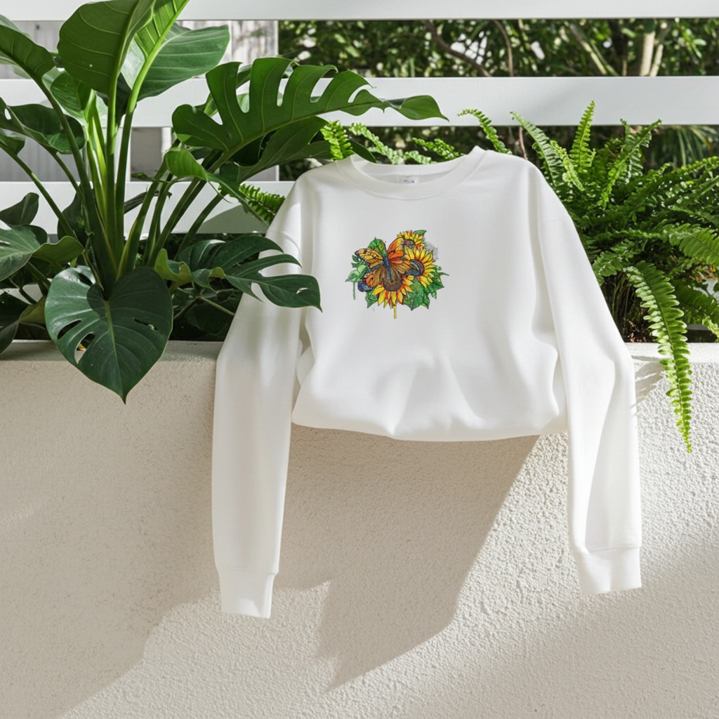 White unisex crewneck sweatshirt with sunflower and butterfly embroidery design, styled outdoors on wall ledge with green plants and sunlight.