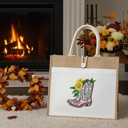 Jute tote handbag with sunflower cowboy boots appliqué embroidery design, styled in cozy autumn setting by fireplace with blanket and flowers.