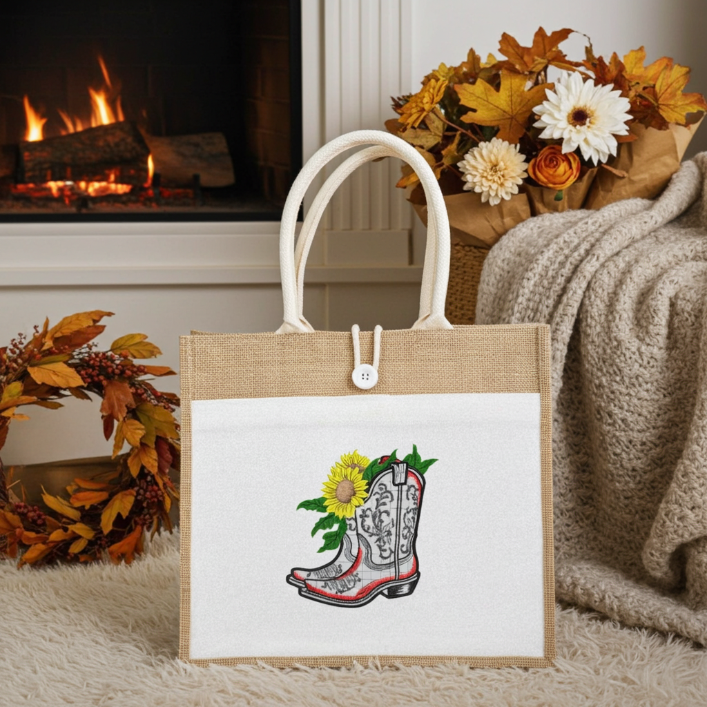 Jute tote handbag with sunflower cowboy boots appliqué embroidery design, styled in cozy autumn setting by fireplace with blanket and flowers.