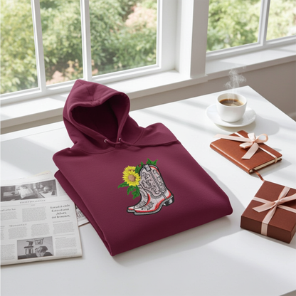 Burgundy hoodie mockup featuring an embroidered cowboy boot with sunflower appliqué on the front, original EmbroMania design.