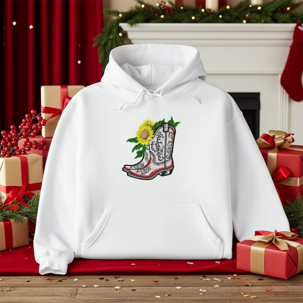 White hoodie mockup featuring an embroidered cowboy boot with sunflower appliqué on the chest, styled in a festive Christmas setting with wrapped gifts.