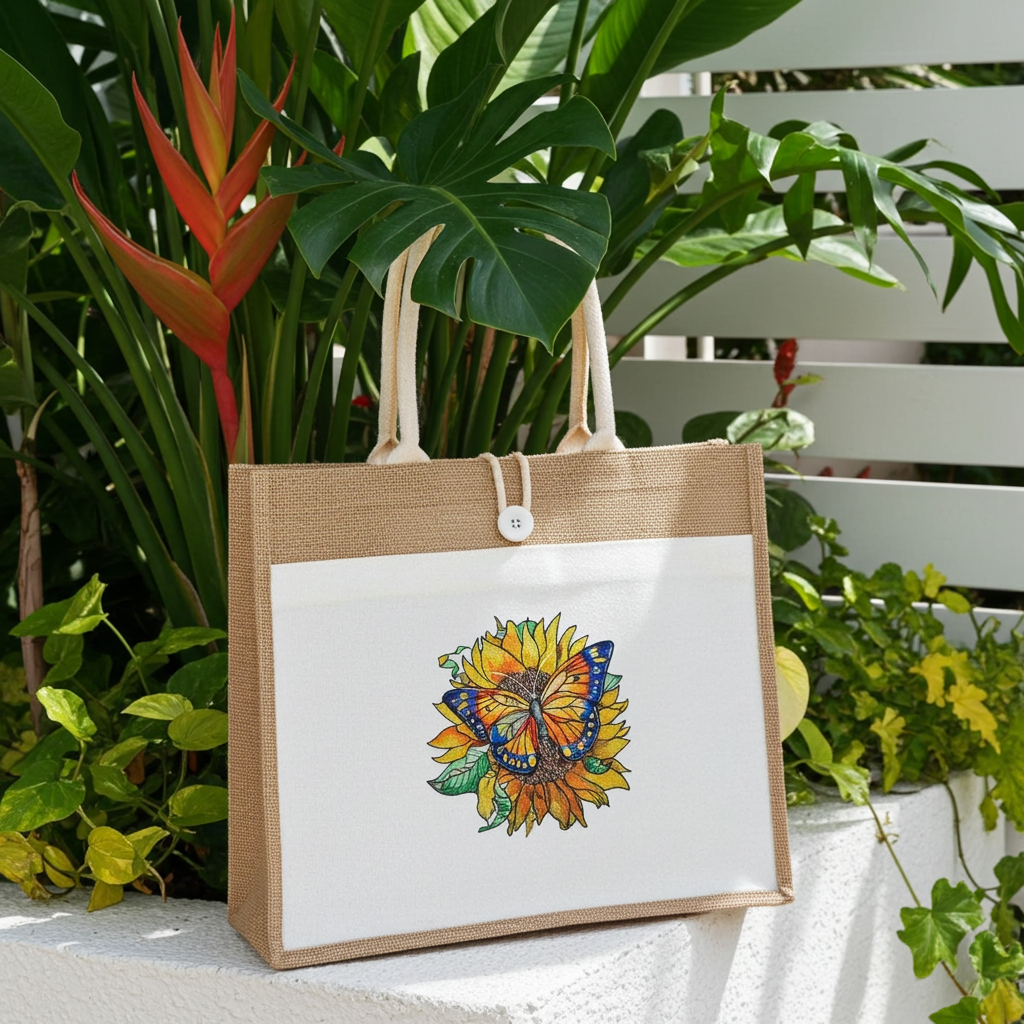 Natural jute tote handbag featuring a sunflower and monarch butterfly embroidery design, displayed outdoors on a ledge with lush green plants and a white slatted backdrop.