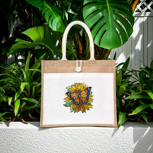 Natural jute tote handbag featuring a sunflower and monarch butterfly embroidery design, displayed outdoors on a ledge with lush green plants and a white slatted backdrop