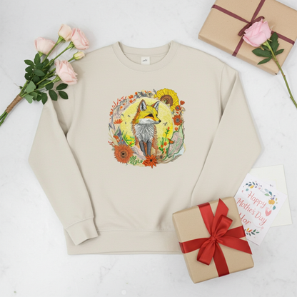Mint Green unisex crewneck sweatshirt with sunlit fox and floral embroidery design, flat lay with roses, gift boxes and Mother’s Day card.