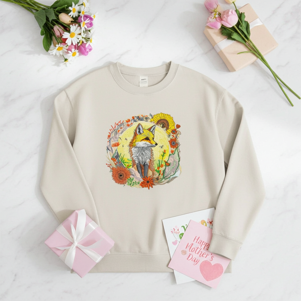 Mint Green unisex crewneck sweatshirt with sunlit fox and floral embroidery design, flat lay with roses, gift boxes and Mother’s Day card.