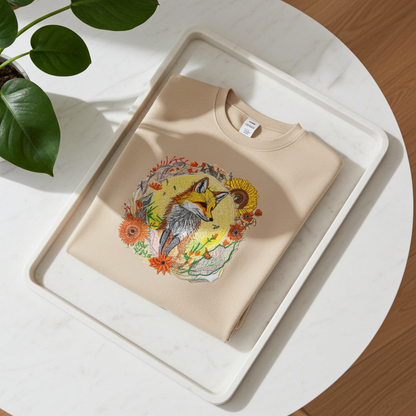 Sand beige unisex crewneck sweatshirt with sunlit fox and floral embroidery design, folded flat lay on white tray on marble table with plant and sunlight.