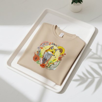 Sand beige unisex crewneck sweatshirt with sunlit fox and floral embroidery design, folded flat lay on white tray on marble table with plant and sunlight.
