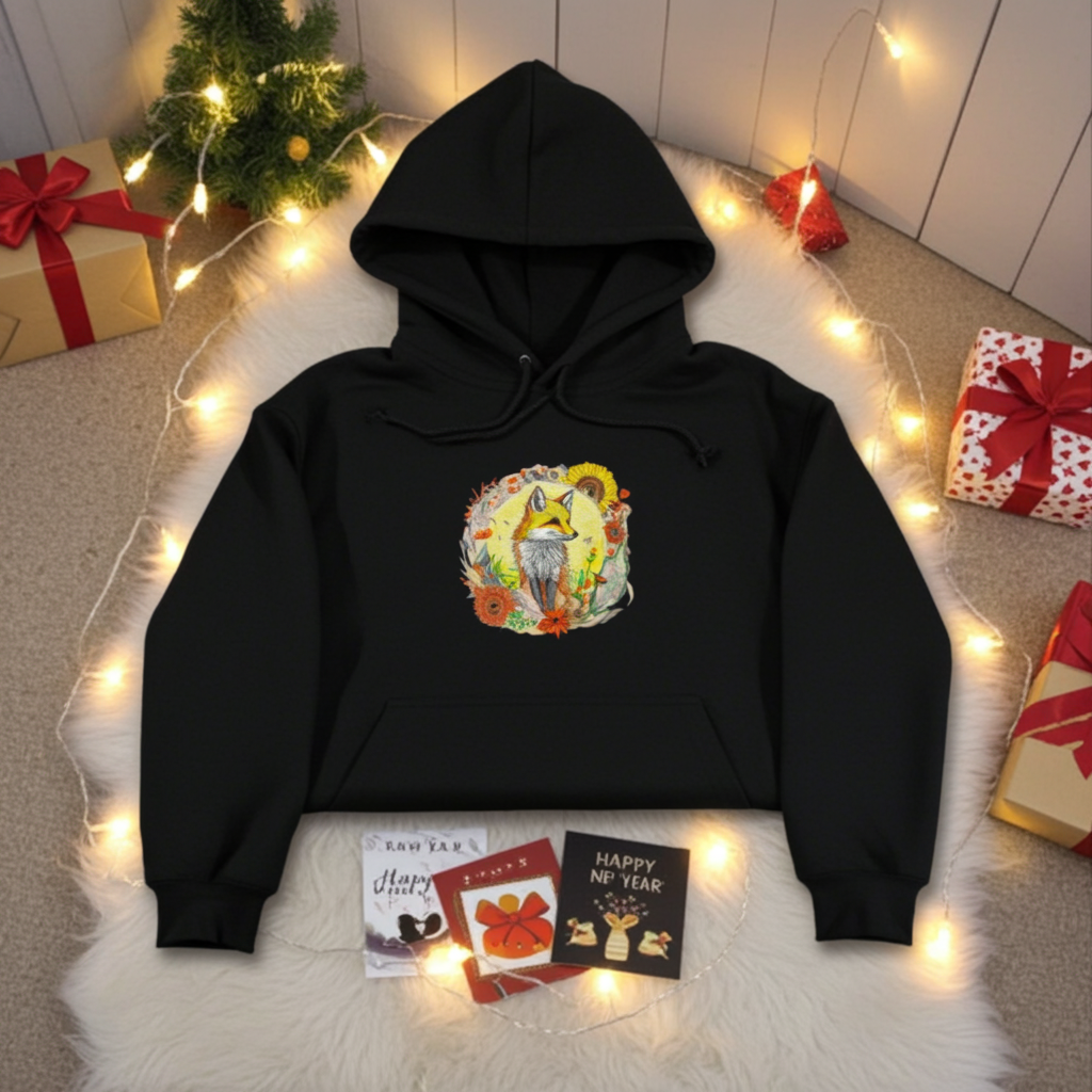Black premium hoodie with Sunshine Fox & Sunflower embroidery featuring a fox framed by sunflowers and wildflowers in warm tones, styled on a cozy rug with string lights, greeting cards, and wrapped gifts, original EmbroMania artwork.