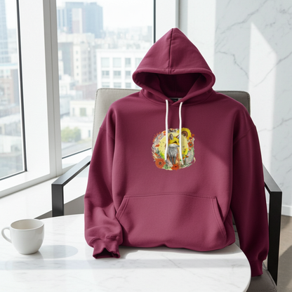 Burgundy premium hoodie with Sunshine Fox & Sunflower embroidery featuring a fox framed by sunflowers and wildflowers in warm tones, styled on a chair by a table with a city skyline view, original EmbroMania artwork.