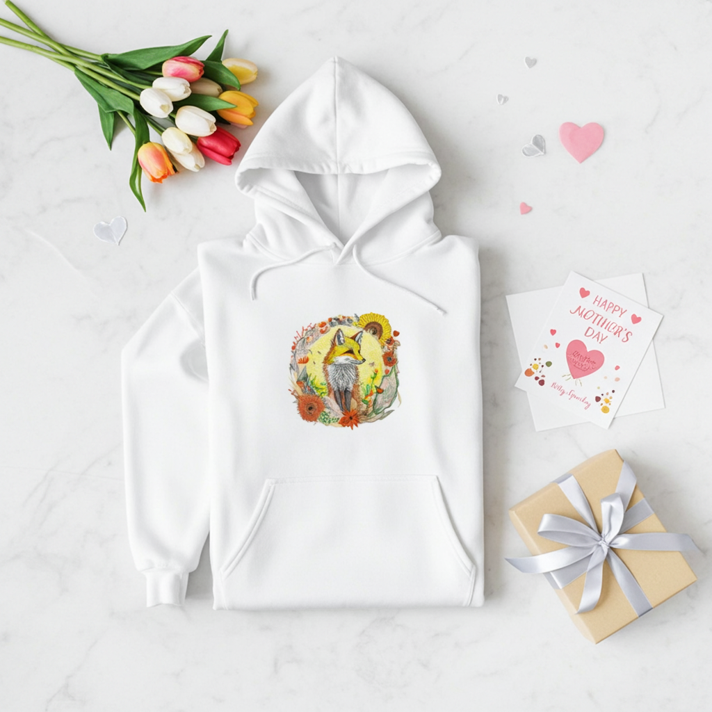 White premium hoodie with Sunshine Fox & Sunflower embroidery featuring a fox framed by sunflowers and wildflowers in warm tones, styled with tulips, Mother’s Day cards, and a wrapped gift, original EmbroMania artwork.