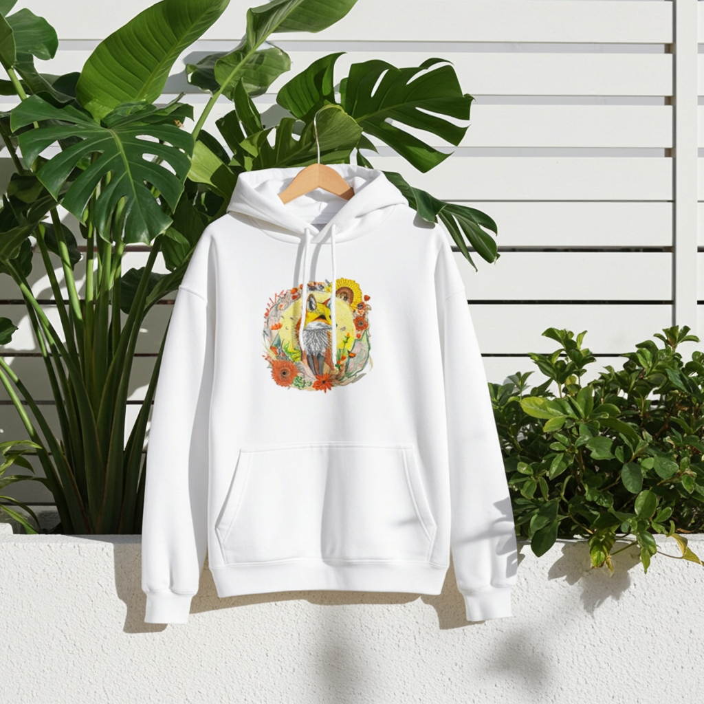 White premium hoodie with Sunshine Fox & Sunflower embroidery featuring a fox framed by sunflowers and wildflowers in warm tones, hanging in a bright space with lush green plants and a white wall, original EmbroMania artwork.