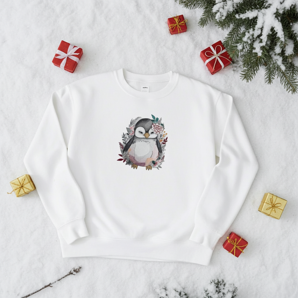 White sweatshirt laid flat on snow, featuring a cute floral penguin embroidery on the chest, styled with evergreen branches and small wrapped gift boxes around it