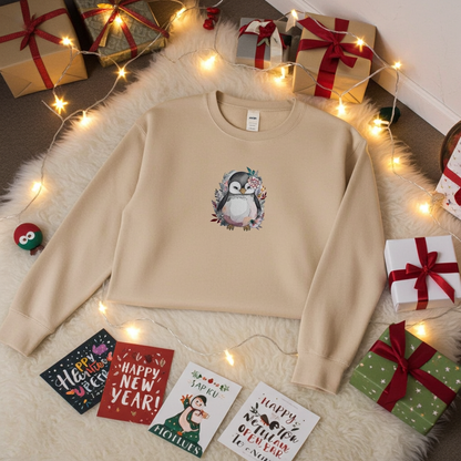 Soft beige sweatshirt laid flat on a fluffy rug with warm string lights, featuring a cute floral penguin embroidery on the chest, surrounded by wrapped gifts and holiday cards