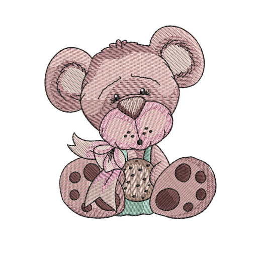 Embroidered teddy bear with a bow and cookie on a white background
