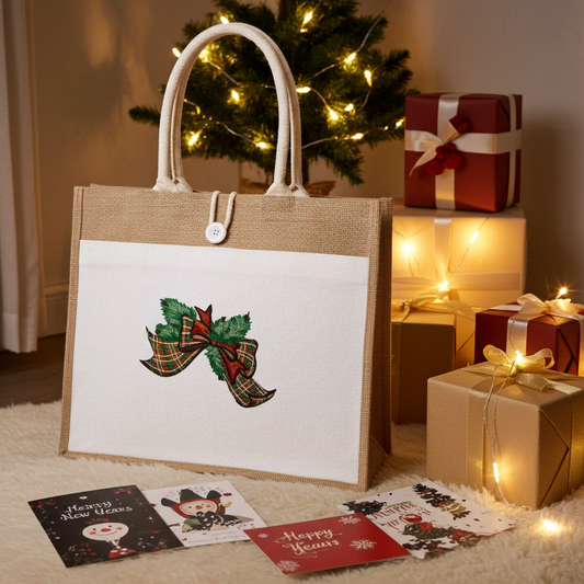 Natural jute tote bag featuring a tartan ribbon and evergreen bow embroidery design, styled on a fluffy rug with holiday cards, a small lit Christmas tree, and wrapped gifts.
