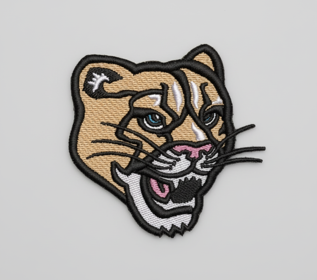 Embroidered patch of a panther's face on a grid background
