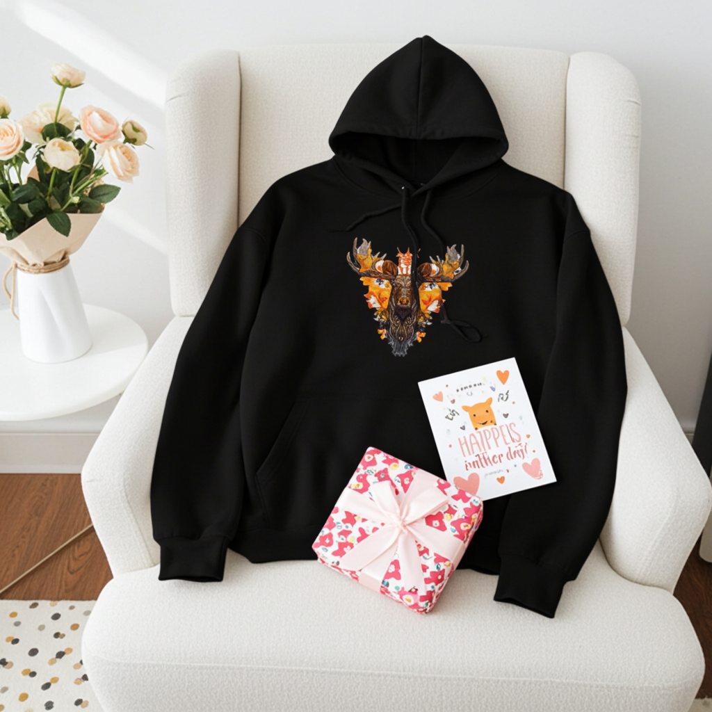 Black premium hoodie with Tribal Fire Moose embroidery featuring a moose head with bold antlers and tribal details in vibrant orange and gold tones, styled on a cream armchair with a wrapped gift box and a greeting card, original EmbroMania artwork.