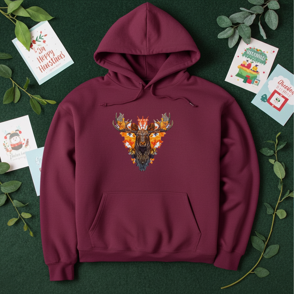Burgundy premium hoodie with Tribal Fire Moose embroidery featuring a moose head with bold antlers and tribal details in vibrant orange and gold tones, displayed flat-lay on a deep green background with festive holiday greeting cards, fresh eucalyptus branches, and seasonal foliage, original EmbroMania artwork.