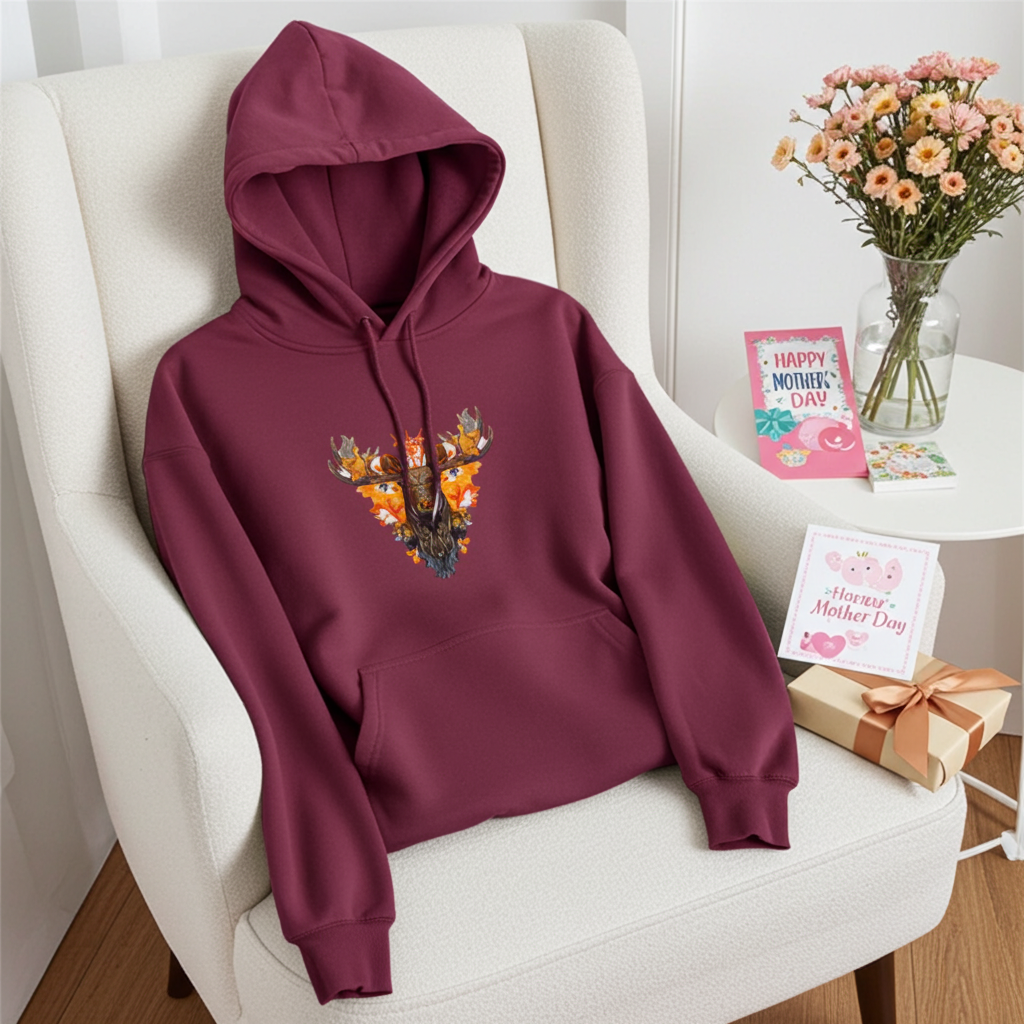 Burgundy premium hoodie with Tribal Fire Moose embroidery featuring a moose head with bold antlers and tribal details in vibrant orange and gold tones, styled on a cream armchair with Mother's Day greeting cards, fresh pink and peach carnations in a glass vase, and a wrapped gift box with gold ribbon, original EmbroMania artwork.