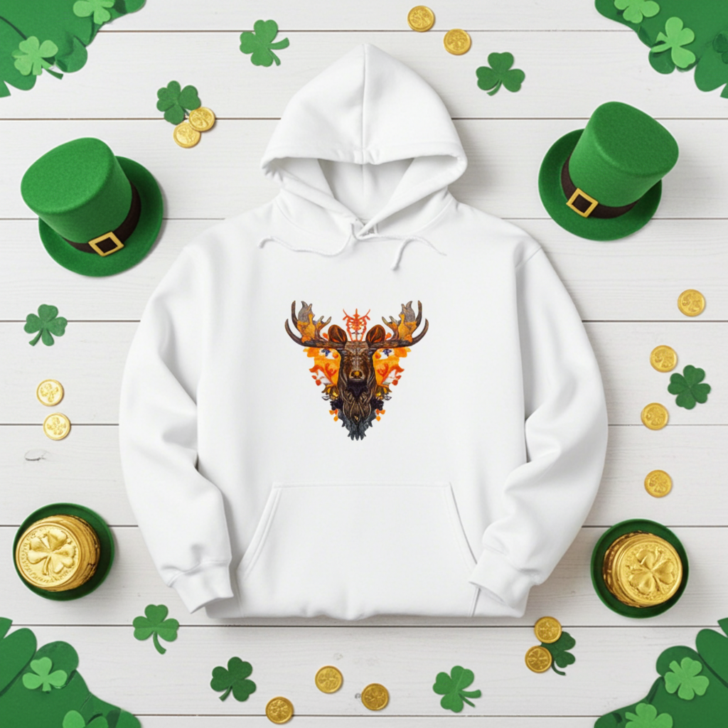White premium hoodie with Tribal Fire Moose embroidery featuring a moose head with bold antlers and tribal details in warm orange and brown tones, styled on a wooden background with shamrock decorations, green hats, and gold coins, original EmbroMania artwork.
