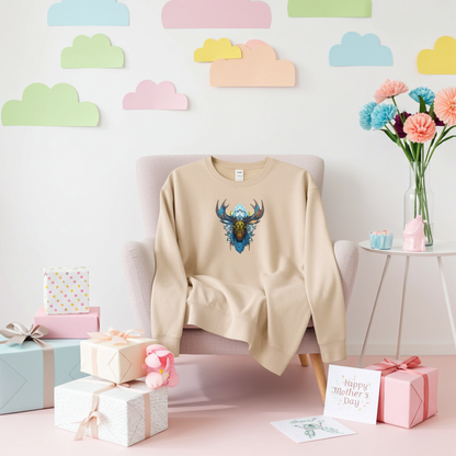Beige unisex crewneck sweatshirt with tribal moose embroidery design, styled on armchair with pastel decor, flowers and gift boxes.