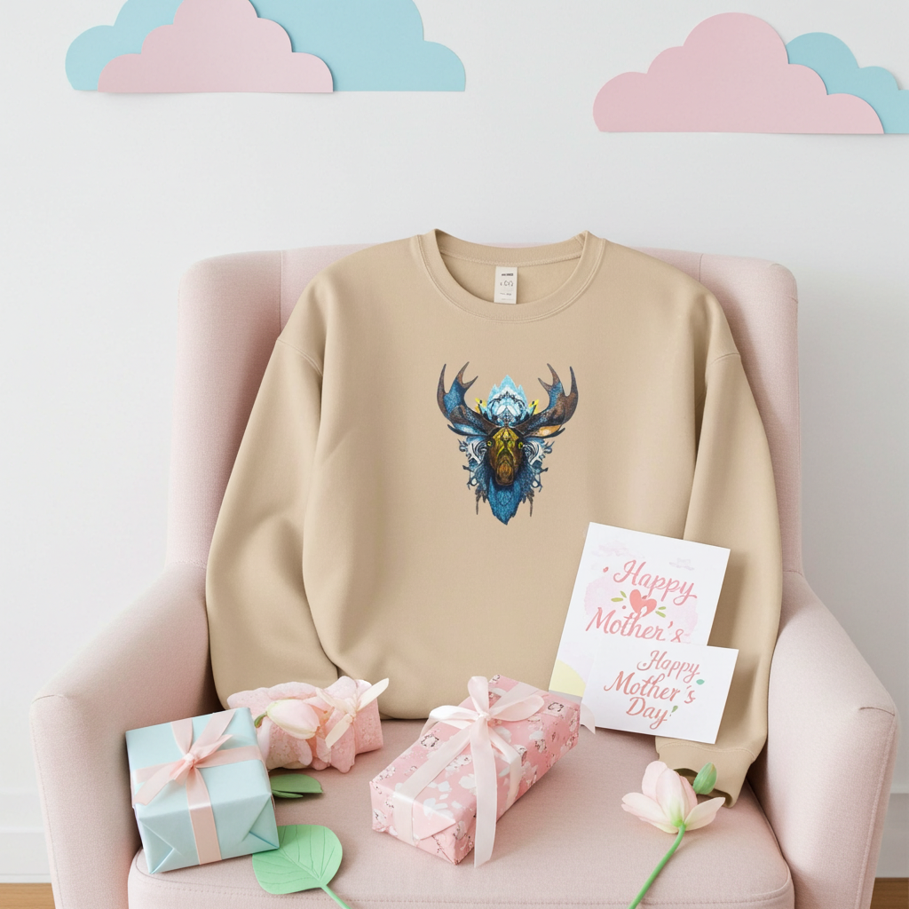 Beige unisex crewneck sweatshirt with tribal moose embroidery design, styled on armchair with pastel decor, flowers and gift boxes.
