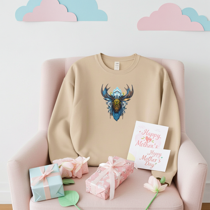 Beige unisex crewneck sweatshirt with tribal moose embroidery design, styled on armchair with pastel decor, flowers and gift boxes.