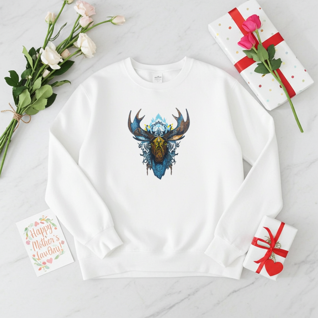 White unisex crewneck sweatshirt with tribal moose embroidery design, flat lay on marble with flowers, gift boxes and Mother’s Day card.