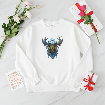 White unisex crewneck sweatshirt with tribal moose embroidery design, flat lay on marble with flowers, gift boxes and Mother’s Day card.