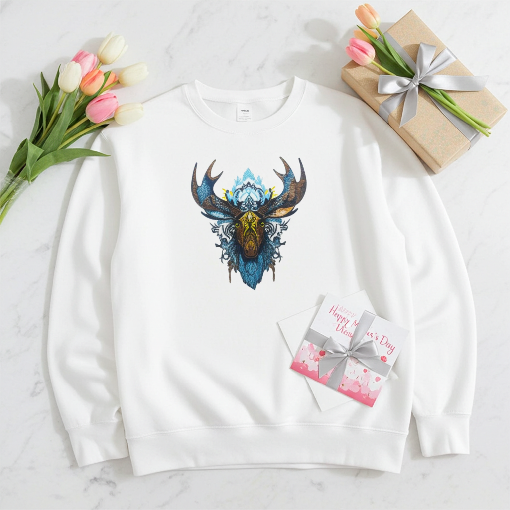 White unisex crewneck sweatshirt with tribal moose embroidery design, flat lay on marble with flowers, gift boxes and Mother’s Day card.