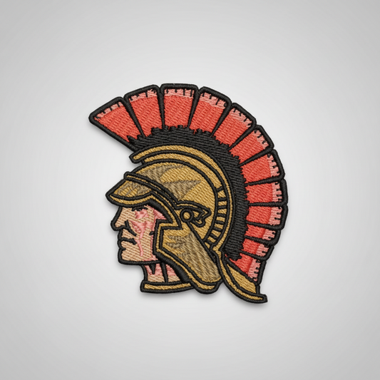Embroidered patch of a Trojan on a grid background