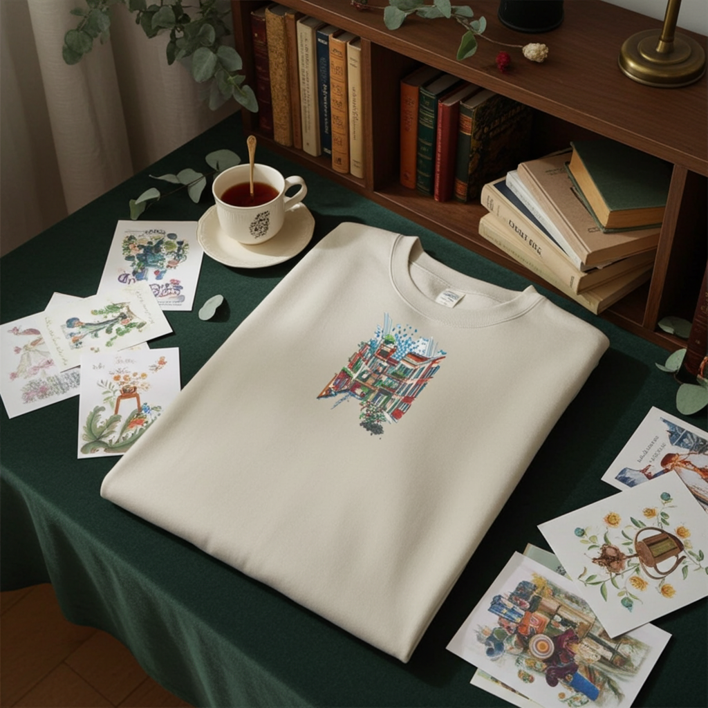 Mint green unisex crewneck sweatshirt with urban cityscape embroidery design, folded flat lay on table with books, tea cup and art prints.