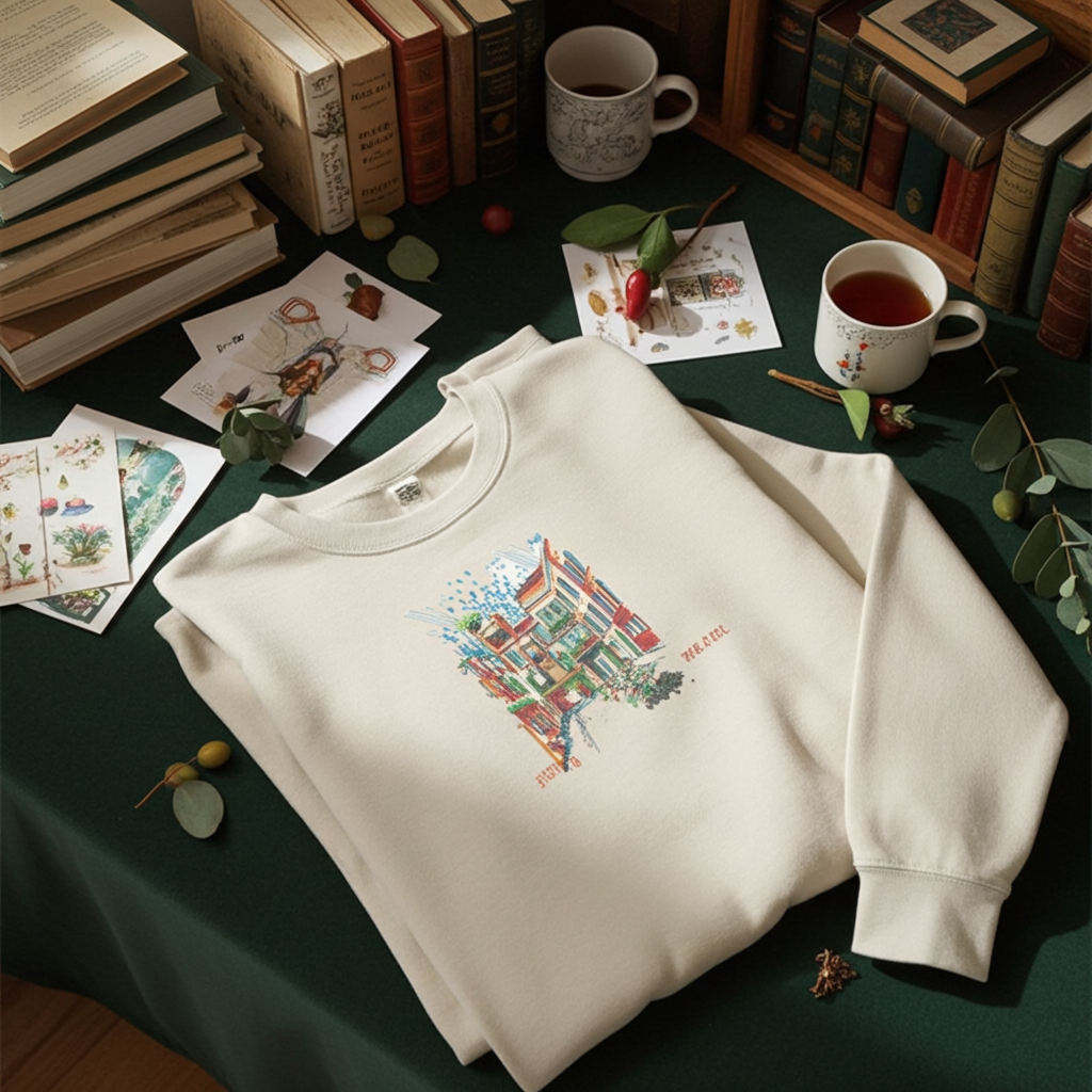 Mint green unisex crewneck sweatshirt with urban cityscape embroidery design, folded flat lay on table with books, tea cup and art prints.