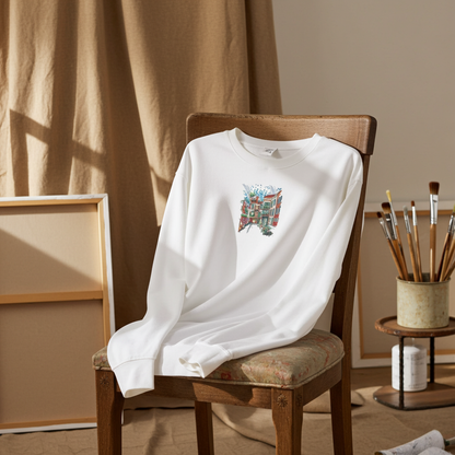 
White unisex crewneck sweatshirt with urban cityscape embroidery design, hanging on wooden rack in bright room with plants.