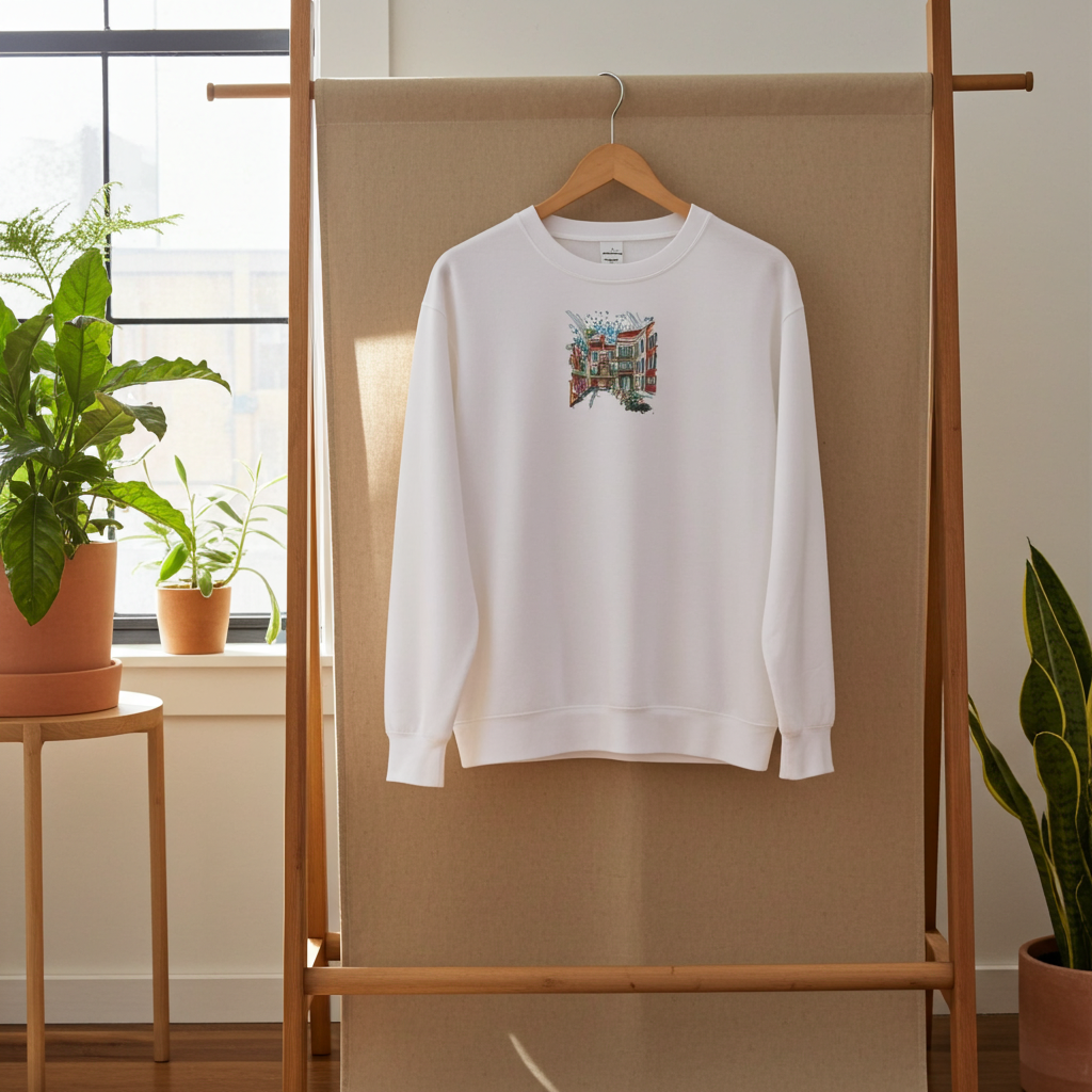 White unisex crewneck sweatshirt with urban cityscape embroidery design, hanging on wooden rack in bright room with plants.
