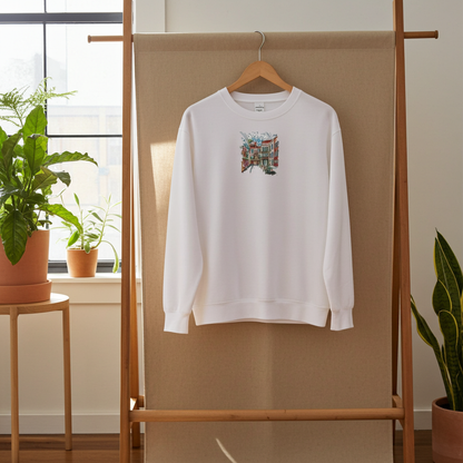White unisex crewneck sweatshirt with urban cityscape embroidery design, hanging on wooden rack in bright room with plants.