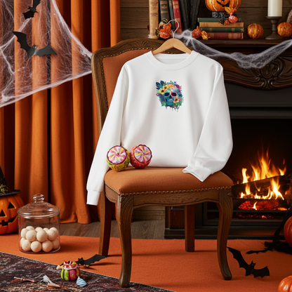 White sweatshirt hanging on a chair in a Halloween-themed room with fireplace and orange curtains, featuring a colorful floral blue skull embroidery on the chest, with pumpkins, bats, and spooky decor in the background