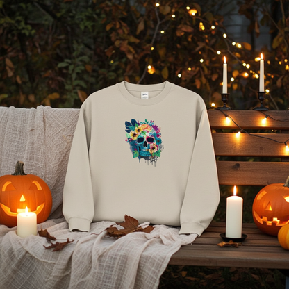 Mint green sweatshirt draped on a wooden chair outdoors at dusk, featuring a colorful floral blue skull embroidery on the chest, styled with candles, string lights, gauzy fabric, and a pumpkin in the background
