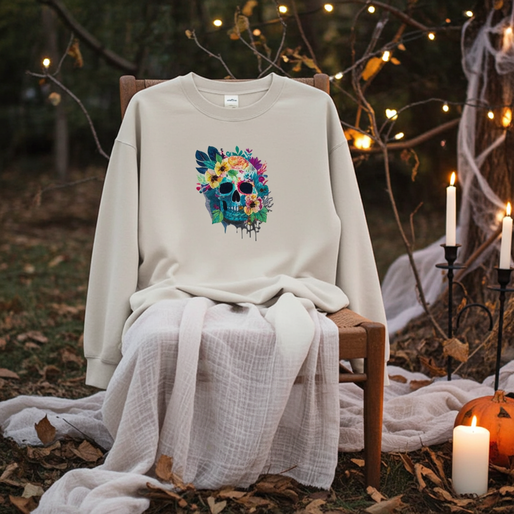 Mint green sweatshirt draped on a wooden chair outdoors at dusk, featuring a colorful floral blue skull embroidery on the chest, styled with candles, string lights, gauzy fabric, and a pumpkin in the background