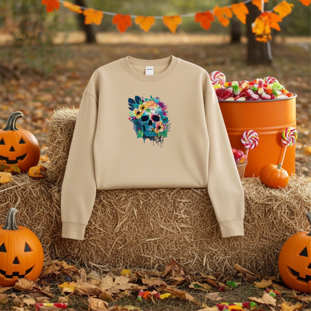 Soft beige sweatshirt displayed on a hay bale outdoors, featuring a colorful floral blue skull embroidery on the chest, styled with pumpkins, fall leaves, and Halloween candy in the background