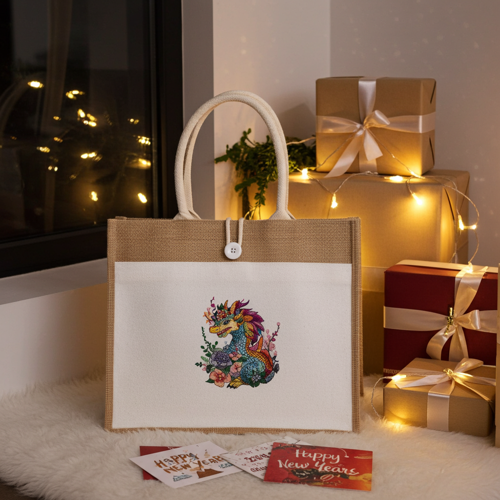 Natural jute tote handbag featuring a vivid bloom dragon embroidery design, styled indoors on a fluffy rug with wrapped gifts, string lights, and holiday cards nearby.