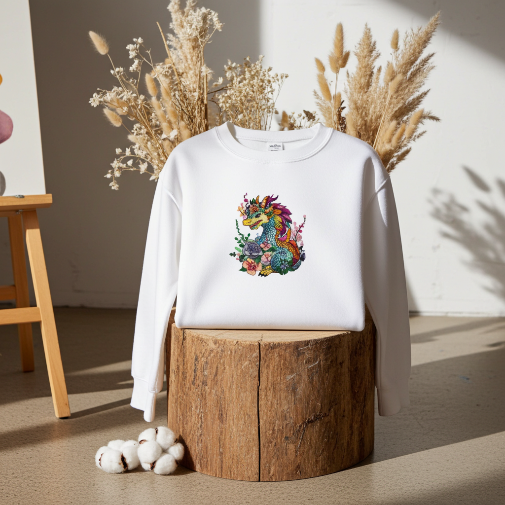 White unisex crewneck sweatshirt with vivid bloom dragon embroidery design, styled on wooden stump with dried florals in studio setting.