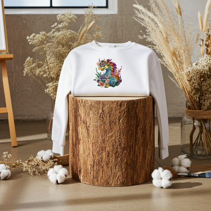 White unisex crewneck sweatshirt with vivid bloom dragon embroidery design, styled on wooden stump with dried florals in studio setting.