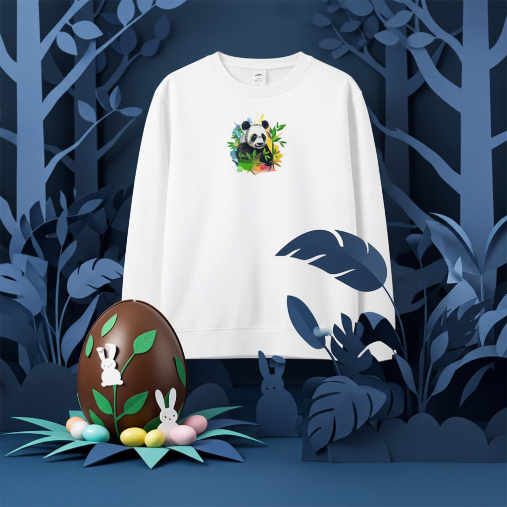 White unisex crewneck sweatshirt with vivid panda and bamboo embroidery design, styled in whimsical forest scene with Easter egg and pastel candies.