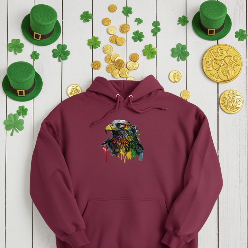 Burgundy hoodie featuring a vivid eagle head embroidery design with a multicolor paint-splash effect and drip accents on the chest, styled on a St. Patrick’s Day themed background with green hats, shamrocks, and gold coins, original EmbroMania artwork.2