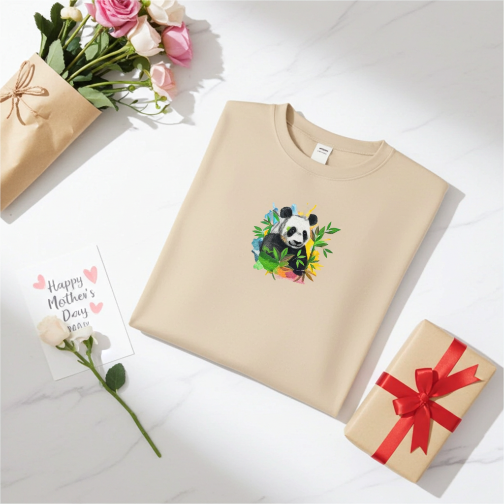 Beige unisex crewneck sweatshirt with vivid panda and bamboo embroidery design, flat lay with roses and gift boxes on white background.