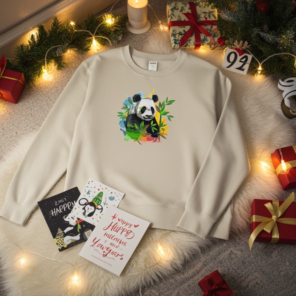 Mint green  unisex crewneck sweatshirt with vivid panda and bamboo embroidery design, flat lay with holiday gifts, cards and warm string lights.